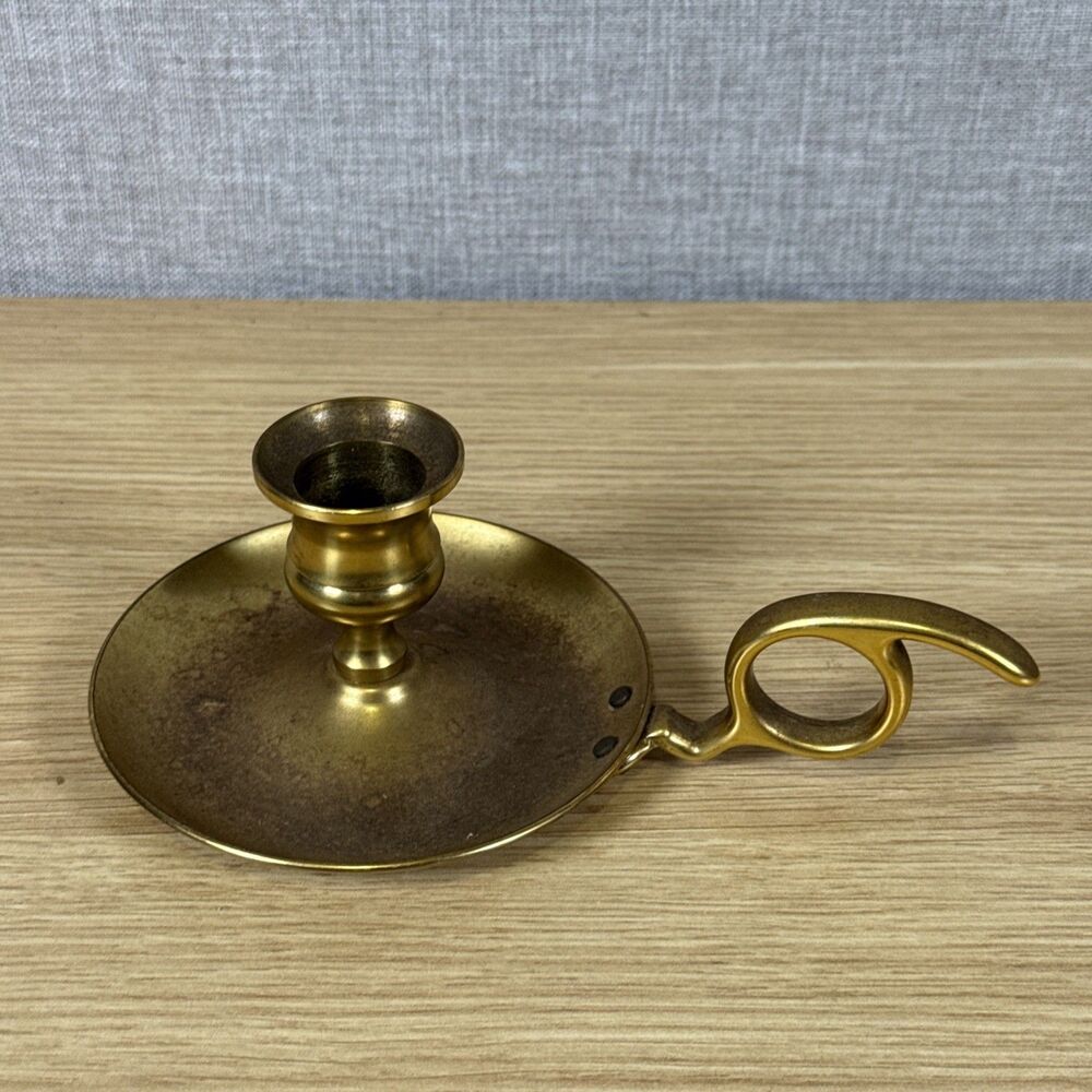 Vintage Solid Brass Chamberstick Candle Holder Finger Loop Colonial Taper Rare